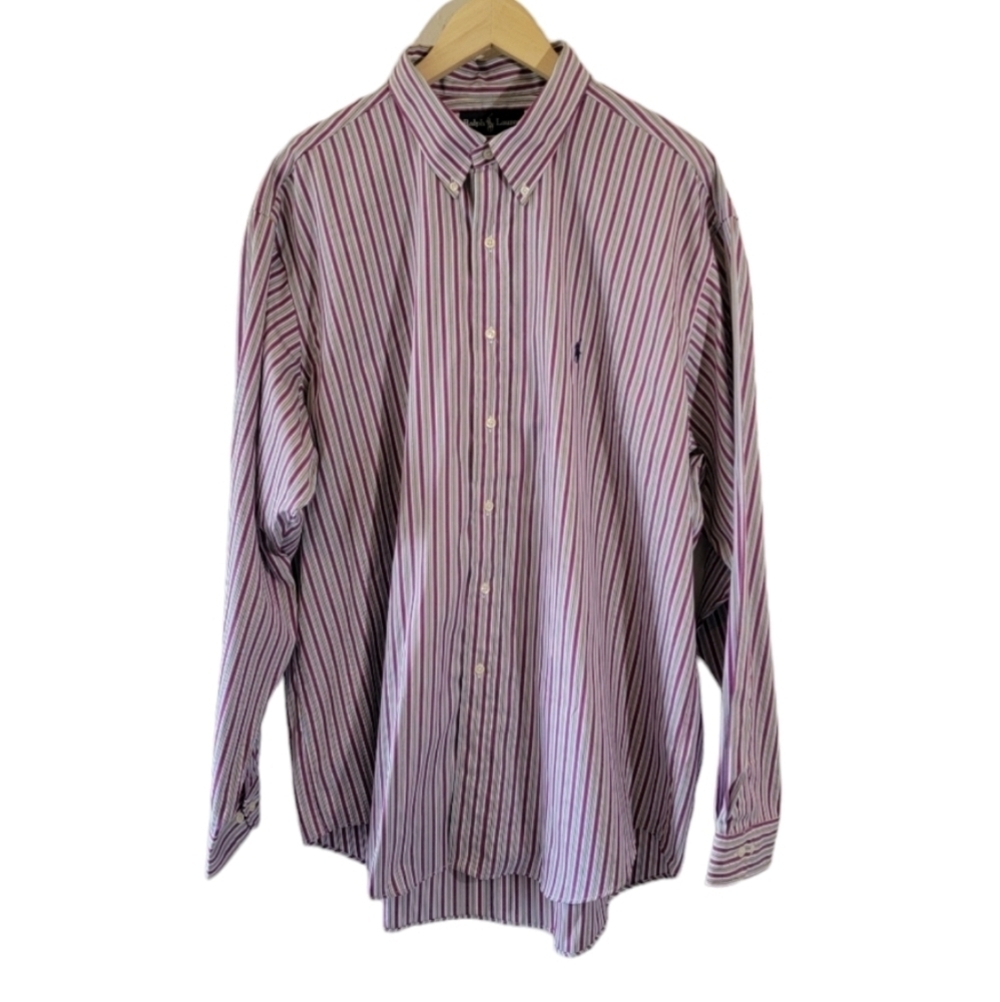 Ralph Lauren Classic Fit Mens Dress Shirt Sz 171/2/XL Purple Gray Striped Cotton